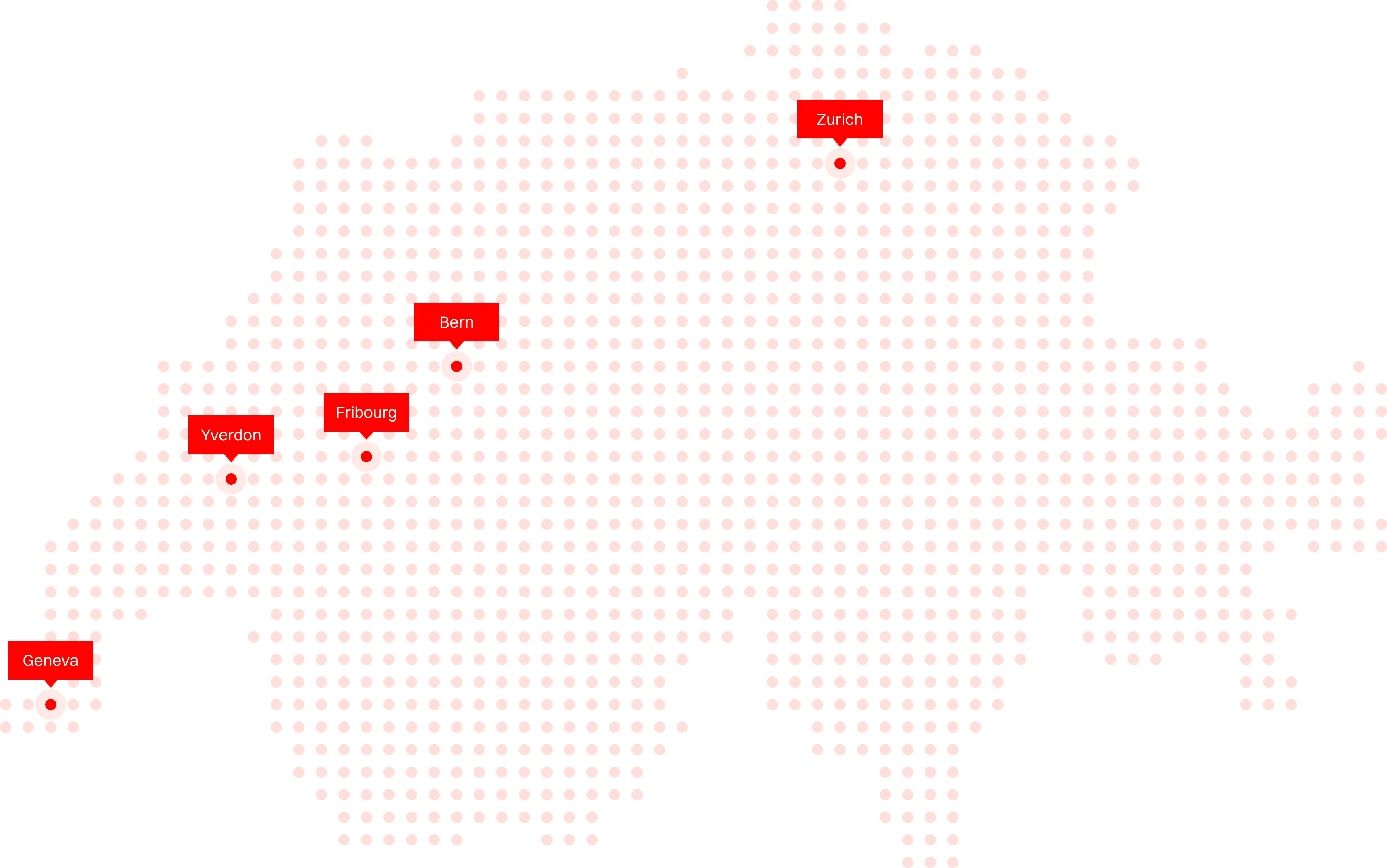 Map of Switzerland with a dotted pattern. Red dots and labels mark cities: Zurich, Bern, Fribourg, Yverdon, and Geneva on a white background.
