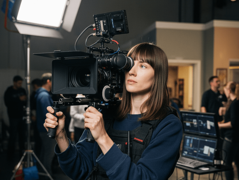 A focused woman operates a professional video camera on a film set. She wears a dark shirt, surrounded by crew members, computers, and bright studio lights.
