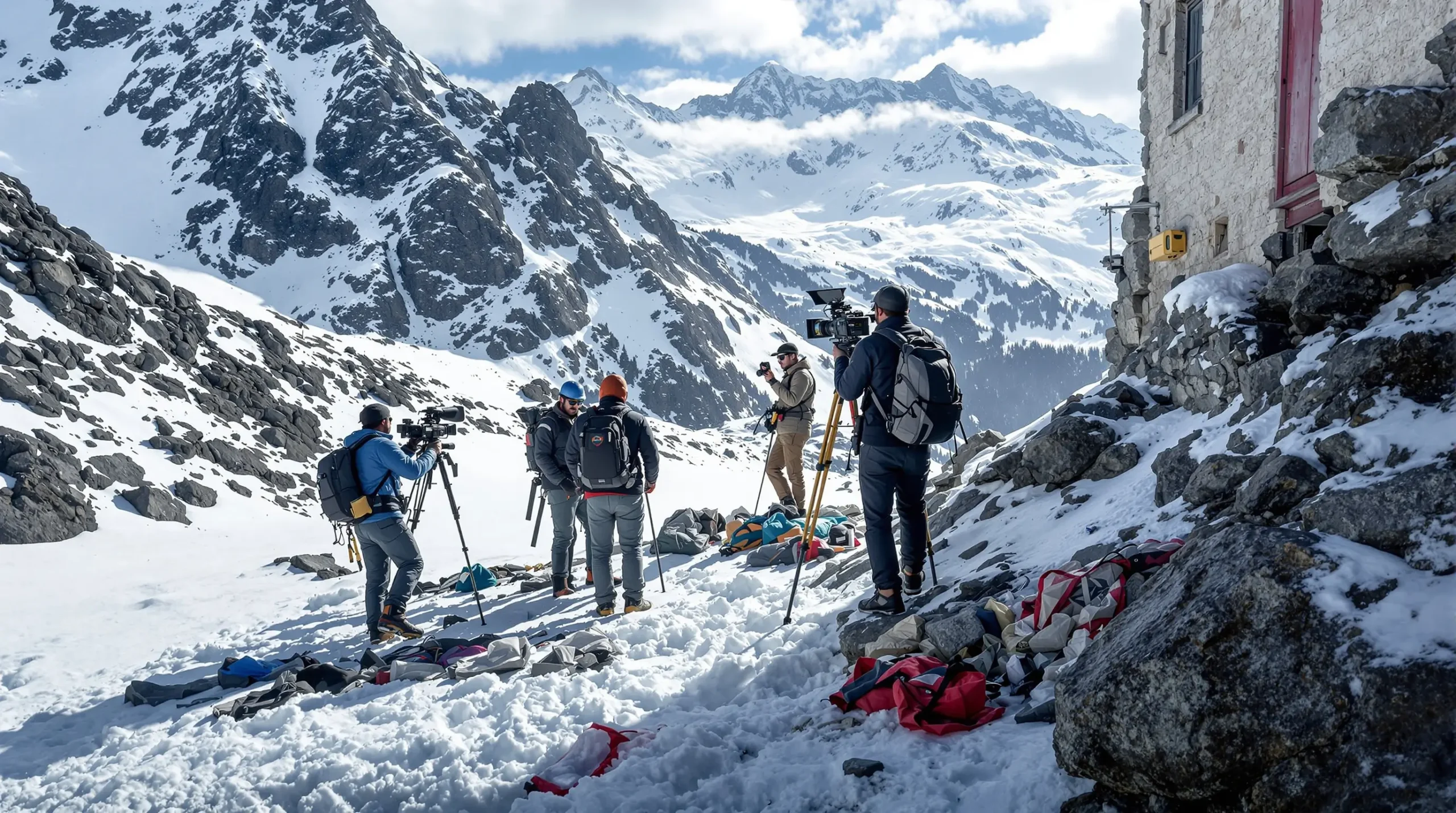 A group of filmmakers is setting up cameras on tripods in a snowy mountain landscape.