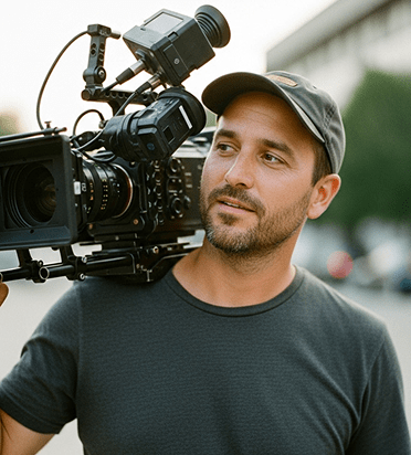 Man wearing a cap holding a professional video camera on his shoulder, looking to the side